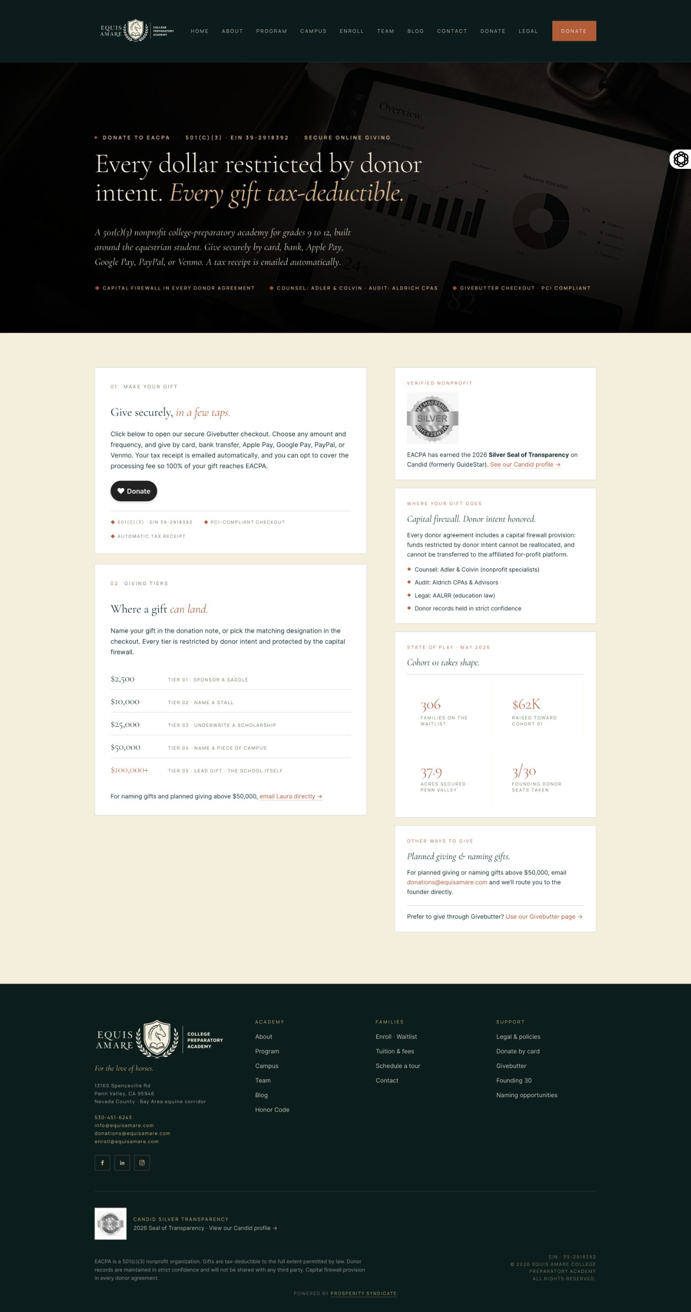 Equis Amare College Prep donate page by Prosperity Syndicate Prosperity Syndicate website redesign for Equis Amare College Preparatory Academy, new nonprofit donation page
