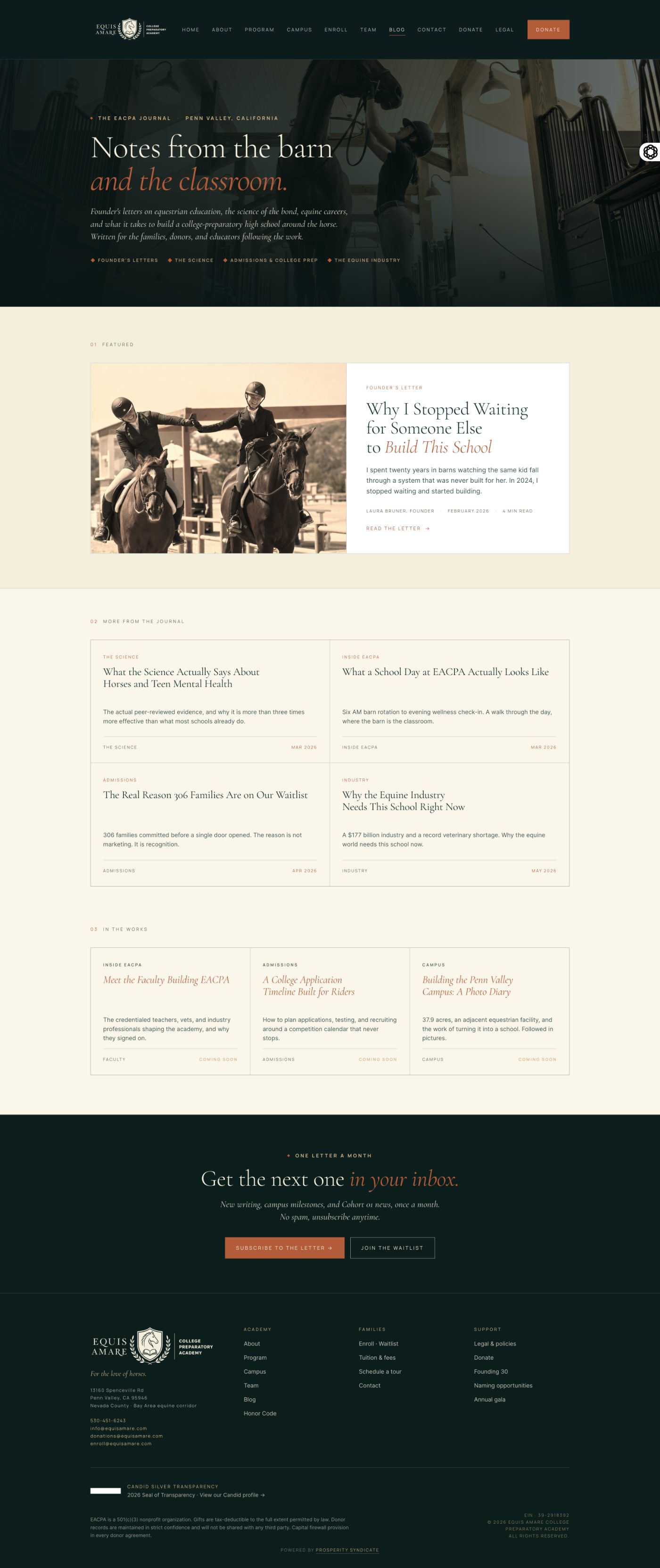 Equis Amare College Prep journal by Prosperity Syndicate Prosperity Syndicate website redesign for Equis Amare College Preparatory Academy, new journal and founder letters page