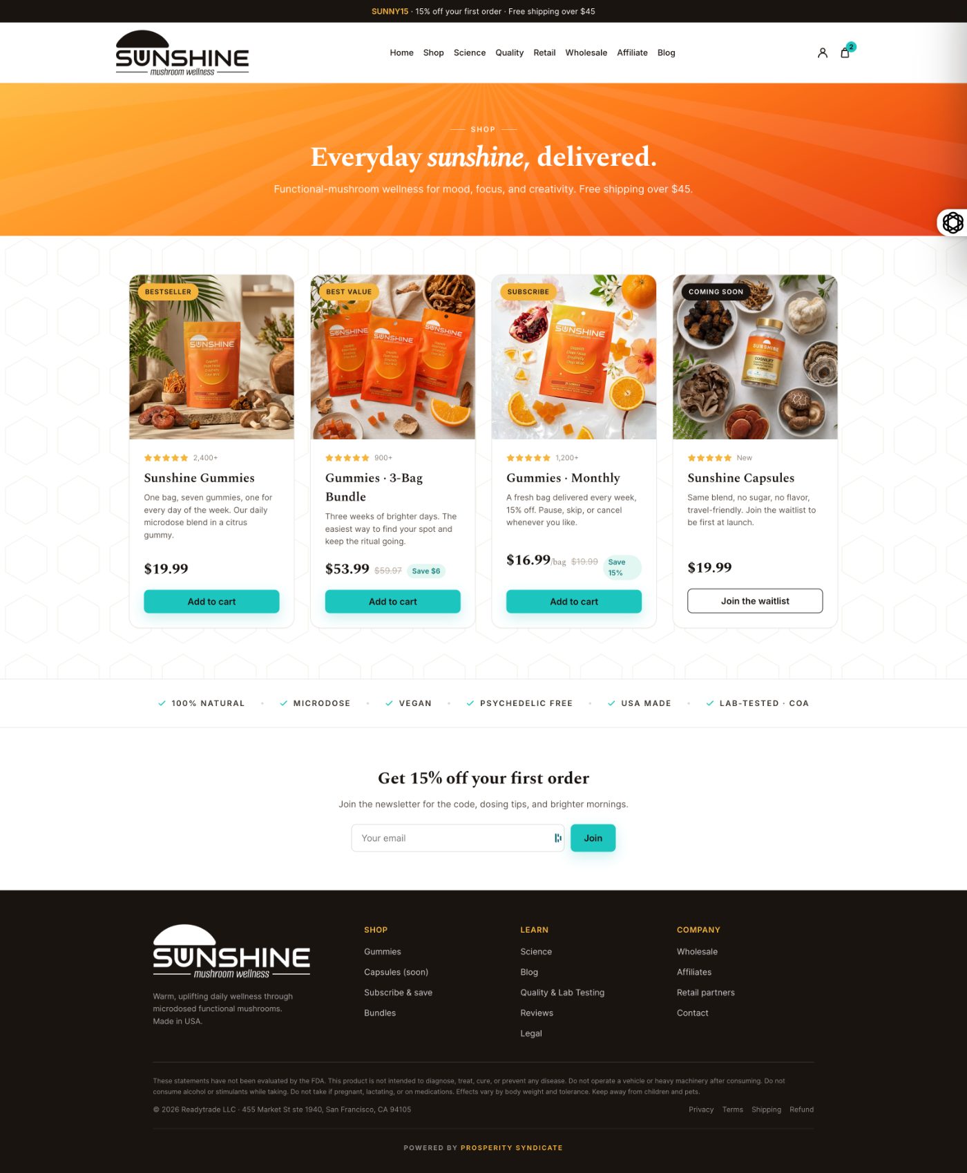 Sunshine Mushroom Wellness shop by Prosperity Syndicate Prosperity Syndicate brand and e-commerce build for Sunshine Mushroom Wellness, online shop storefront, by Devi Dao
